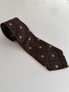 LOUIS FERAUD Paris Vintage Brown Kipper Tie Jacquard Diamond Shape Classic 70’s